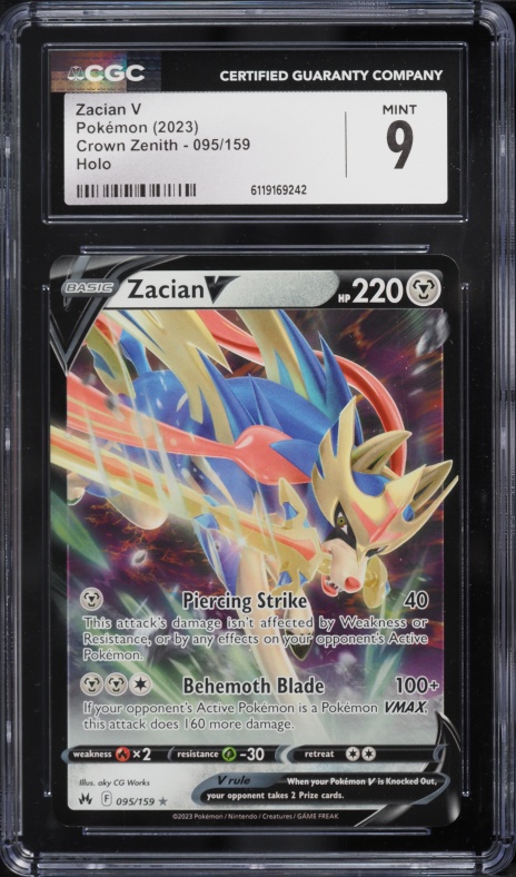 2023 Pokemon Sword & Shield Crown Zenith Holo Zacian V #95 CGC 9 MINT