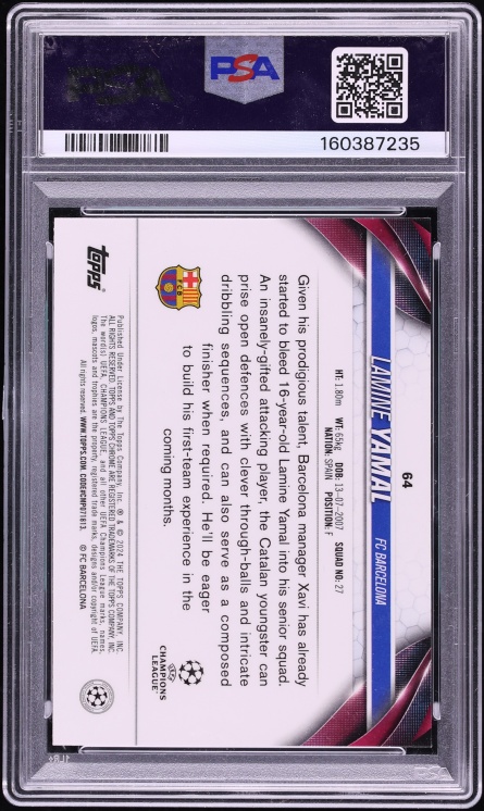 2023 Topps Chrome UEFA Club Competitions Lamine Yamal ROOKIE #64 PSA 10 GEM MINT