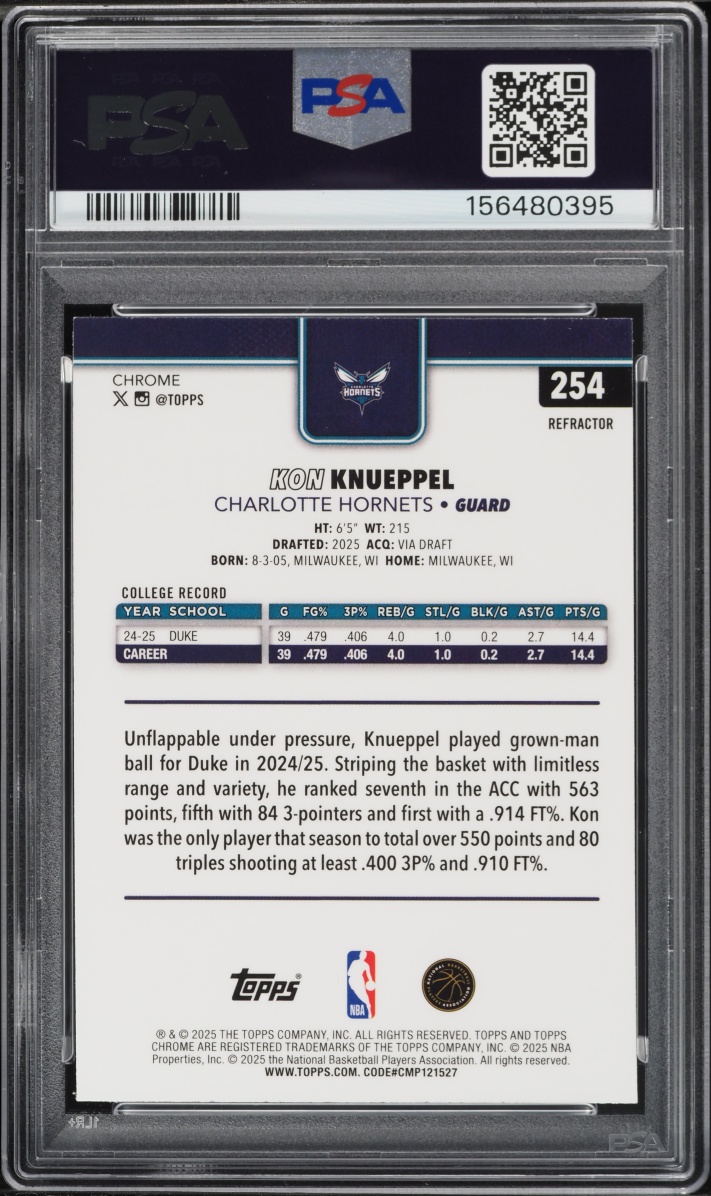 2025 Topps Chrome Refractor Kon Knueppel ROOKIE #254 PSA 10 GEM MINT