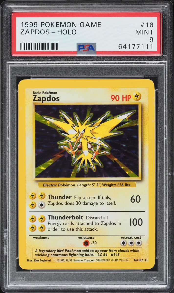1999 Pokemon Base Set Holo Zapdos #16 PSA 9 MINT