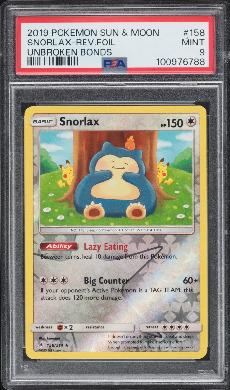 2019 Pokemon Sun & Moon Unbroken Bonds Reverse Holo Snorlax #158 PSA 9 MINT