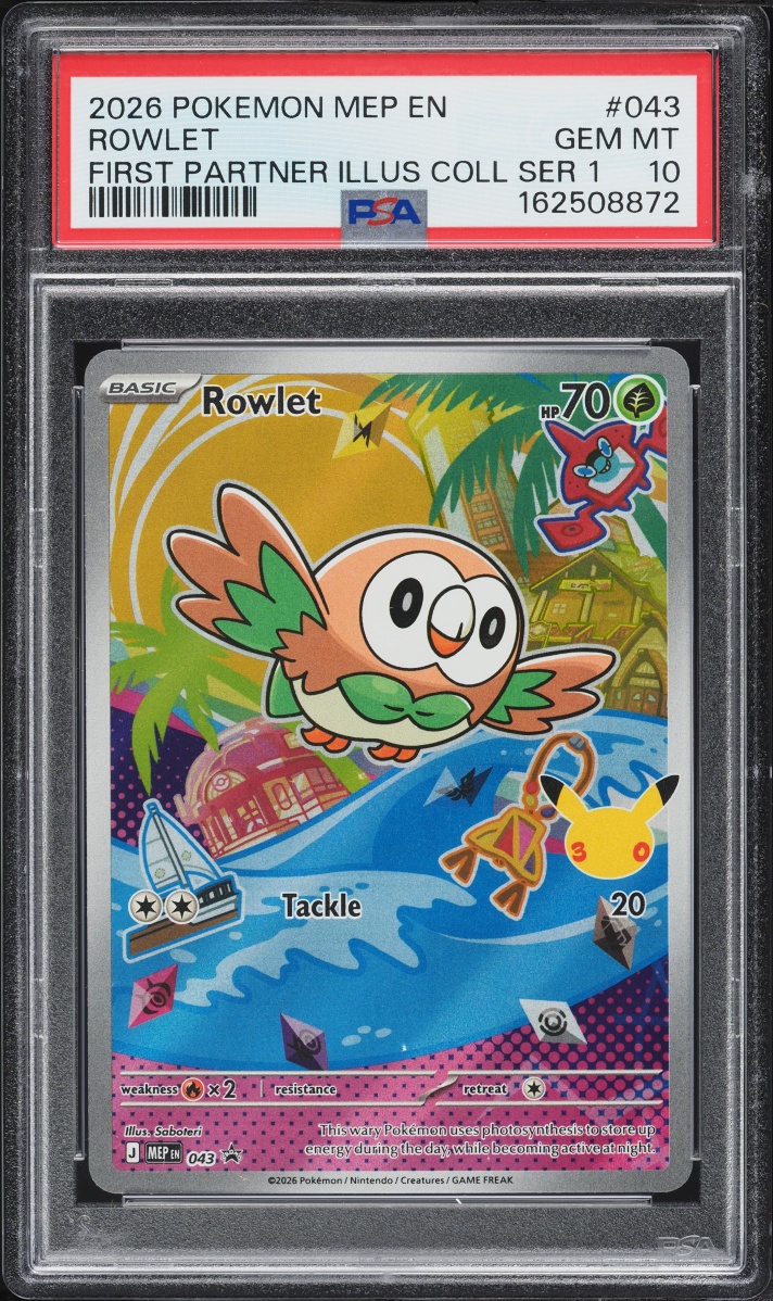 2026 Pokemon Mega Evolution Promo First Partner Illustration S1 Full Art Rowlet #43 PSA 10 GEM