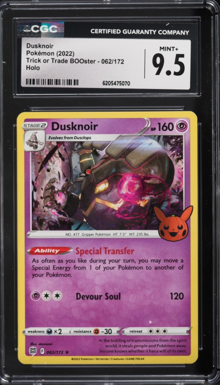 2022 Pokemon Sword & Shield Trick Or Trade BOOster Holo Dusknoir #62 CGC 9.5 MINT+