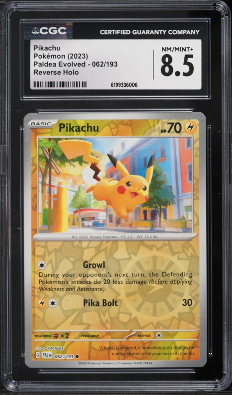 2023 Pokemon Scarlet & Violet Paldea Evolved Reverse Holo Pikachu #62 CGC 8.5 NM-MT+