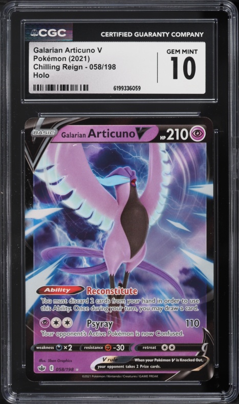 2021 Pokemon Sword & Shield Chilling Reign Holo Galarian Articuno V #58 CGC 10 GEM MINT