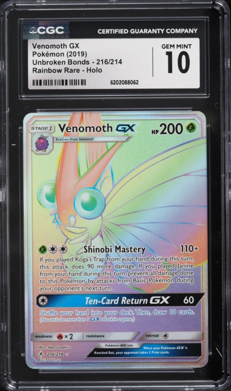 2019 Pokemon Unbroken Bonds Rainbow Rare Holo Venomoth GX #216 CGC 10 GEM MINT
