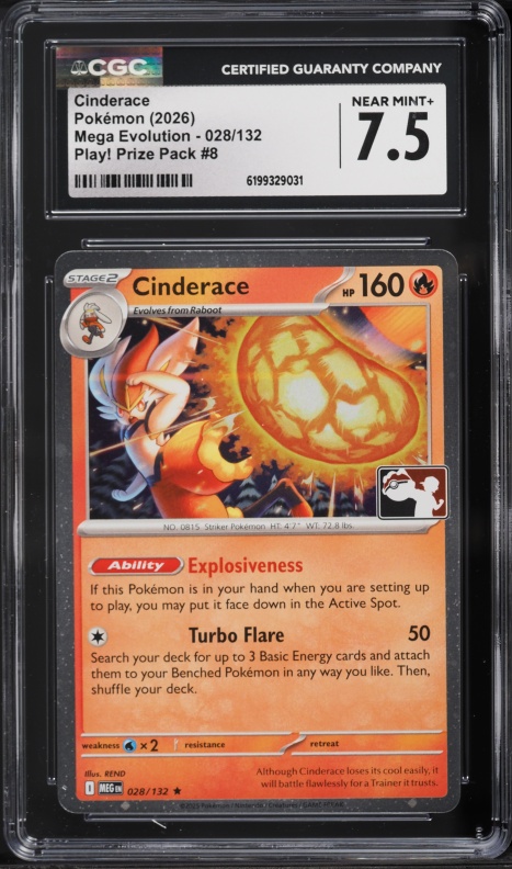 2026 Pokemon Mega Evolution Play! Prize Pack Holo Cinderace #28 CGC 7.5 NRMT+