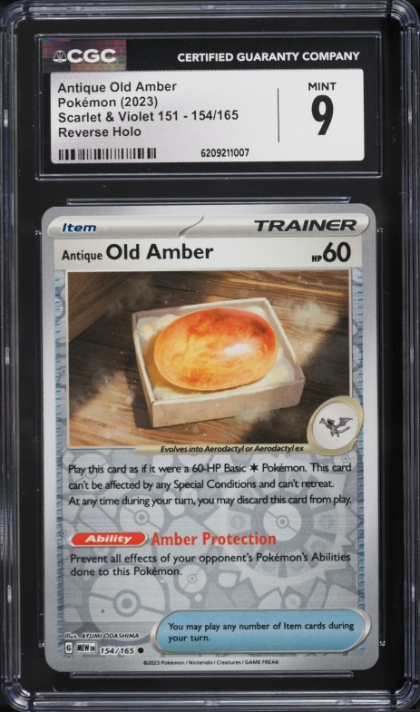 2023 Pokemon Scarlet & Violet 151 Reverse Holo Antique Old Amber #154 CGC 9 MINT