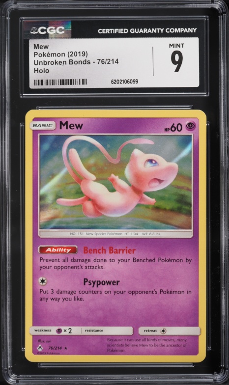 2019 Pokemon Sun & Moon Unbroken Bonds Holo Mew #76 CGC 9 MINT