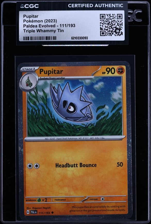 2023 Pokemon Scarlet & Violet Paldea Evolved Triple Whammy Tin Pupitar #111 CGC AUTH