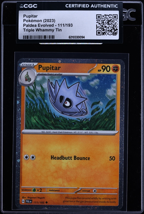 2023 Pokemon Scarlet & Violet Paldea Evolved Triple Whammy Tin Pupitar #111 CGC AUTH