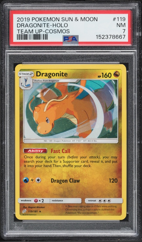 2019 Pokemon Sun & Moon Team Up Cosmos Holo Dragonite #119 PSA 7 NRMT