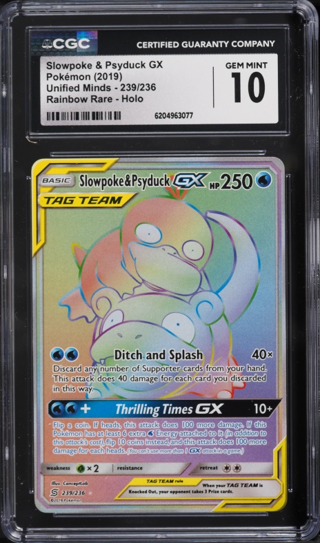 2019 Pokemon Sun & Moon Unified Minds Rainbow Rare Slowpoke & Psyduck GX #239 CGC 10 GEM MINT