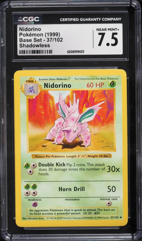 1999 Pokemon Base Set Shadowless Nidorino #37 CGC 7.5 NRMT+