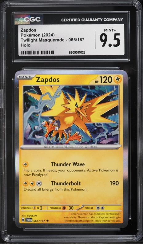 2024 Pokemon Scarlet & Violet Twilight Masquerade Holo Zapdos #065 CGC 9.5 MINT+