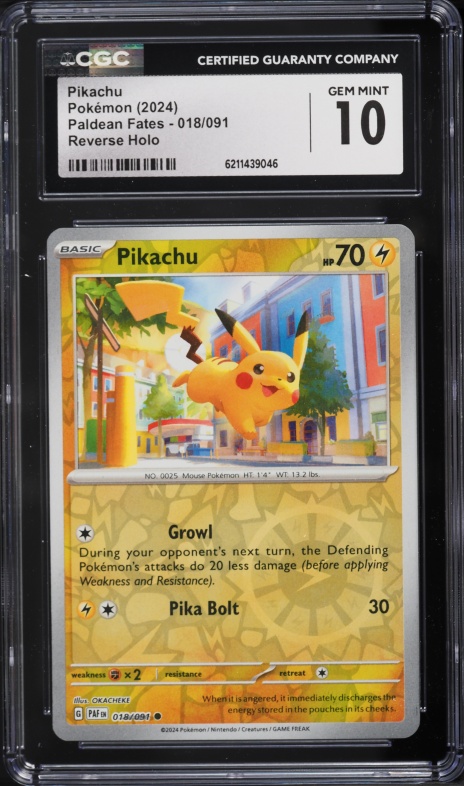 2024 Pokemon Scarlet & Violet Paldean Fates Reverse Holo Pikachu #18 CGC 10 GEM MINT