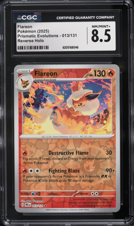 2025 Pokemon Scarlet & Violet Prismatic Evolutions Reverse Holo Flareon #13 CGC 8.5 NM-MT+