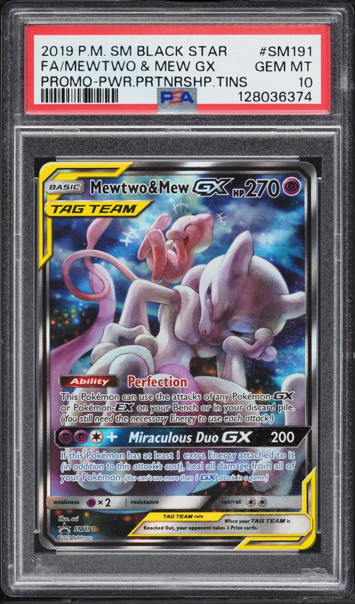 2019 Pokemon Sun & Moon Promo Power Partnership Tin Full Art Mewtwo & Mew GX #SM191 PSA 10 GEM