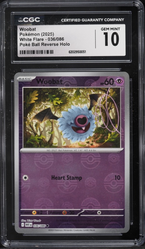 2025 Pokemon Scarlet & Violet White Flare Poke Ball Reverse Holo Woobat #36 CGC 10 GEM MINT