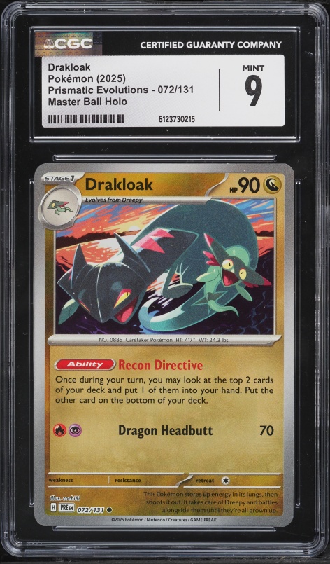 2025 Pokemon SV Prismatic Evolutions Master Ball Holo Drakloak #72 CGC 9 MINT