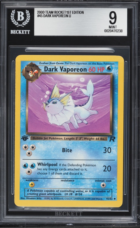 2000 Pokemon Team Rocket 1st Edition Dark Vaporeon U #45 BGS 9 MINT