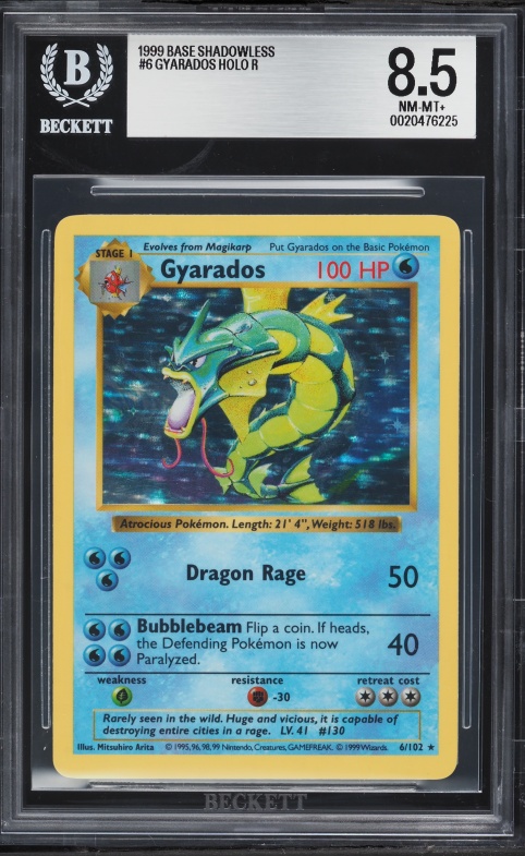 1999 Pokemon Base Set Shadowless Holo Gyarados #6 BGS 8.5 NM-MT+