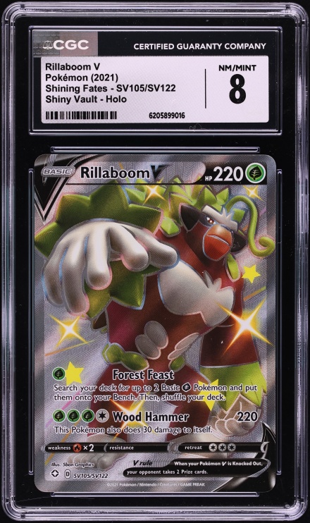 2021 Pokemon Sword & Shield Shining Fates Shiny Vault Full Art Rillaboom V #SV105 CGC 8 NM-MT