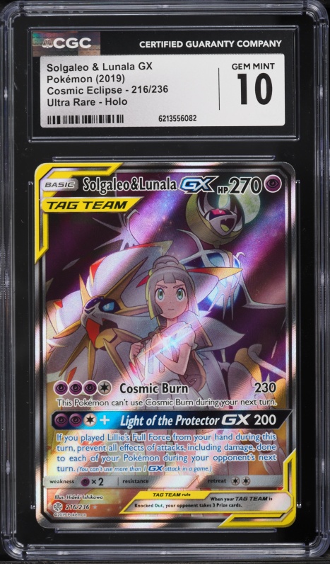 2019 Pokemon Sun & Moon Cosmic Eclipse Full Art Solgaleo & Lunala GX #216 CGC 10 GEM MINT