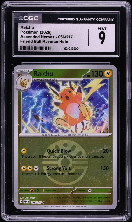 2026 Pokemon Mega Evolution Ascended Heroes Friend Ball Reverse Holo Raichu #56 CGC 9 MINT