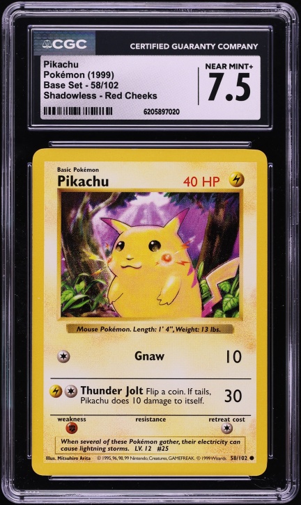1999 Pokemon Base Set Shadowless Red Cheeks Pikachu #58 CGC 7.5 NRMT+