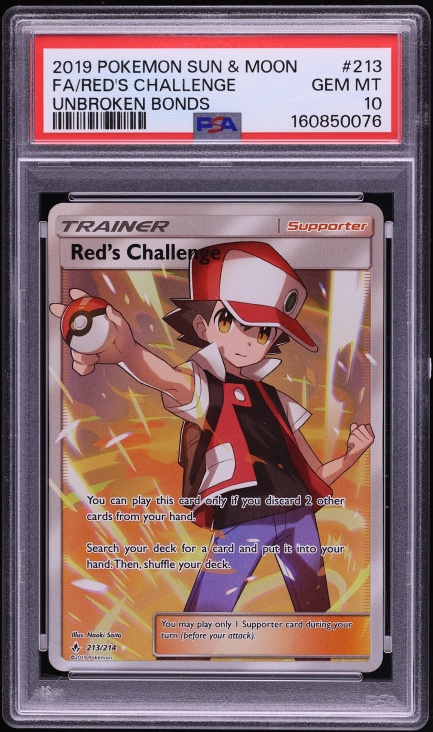 2019 Pokemon Sun & Moon Unbroken Bonds Full Art Red's Challenge #213 PSA 10 GEM MINT