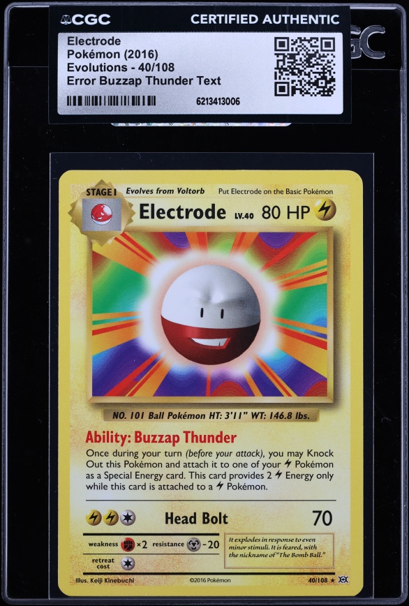 2016 Pokemon XY Evolutions Buzzap Thunder Text Error Electrode #40 CGC AUTH