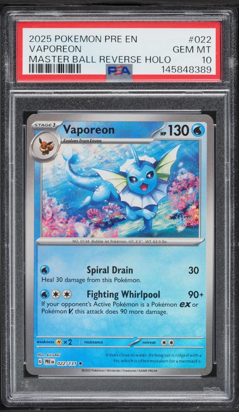 2025 Pokemon Scarlet & Violet Prismatic Evolutions Master Ball Reverse Holo Vaporeon #22 PSA 10
