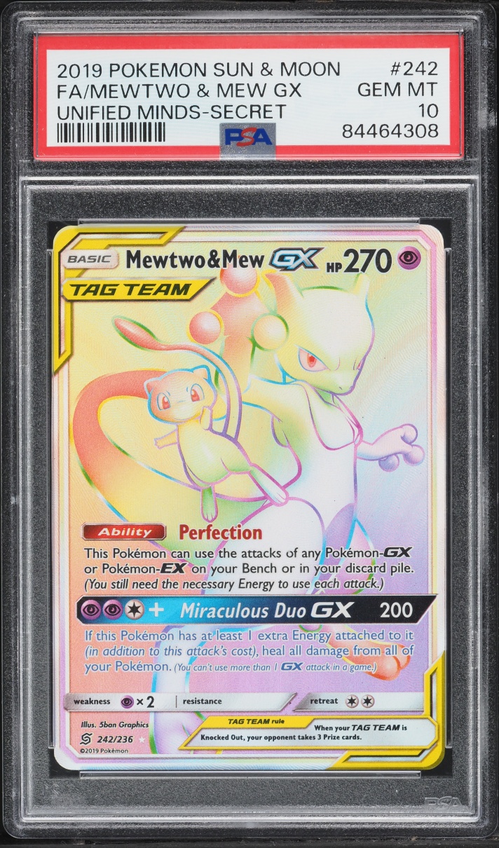 2019 Pokemon Sun & Moon Unified Minds Rainbow Rare Mewtwo & Mew GX #242 PSA 10 GEM MINT