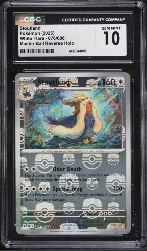 2025 Pokemon Scarlet & Violet White Flare Master Ball Reverse Holo Stoutland #076 CGC 10 GEM