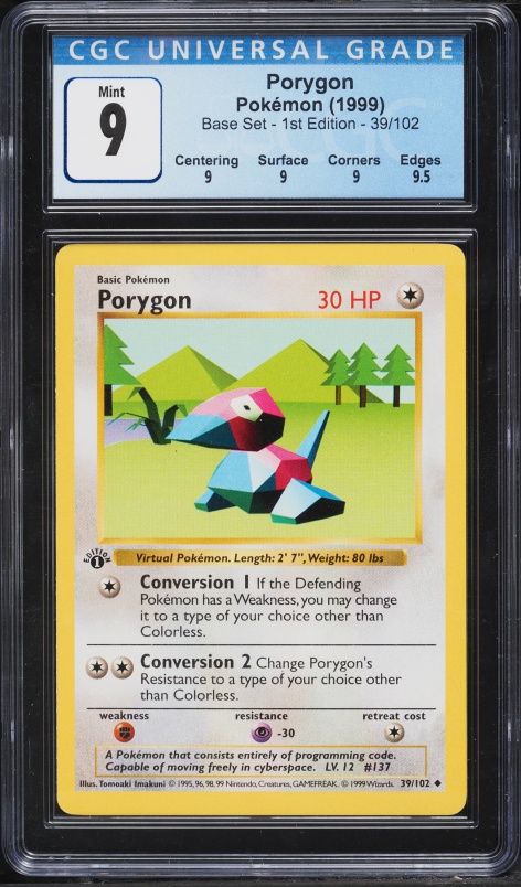 1999 Pokemon Base Set Shadowless 1st Edition Porygon #39 CGC 9 MINT