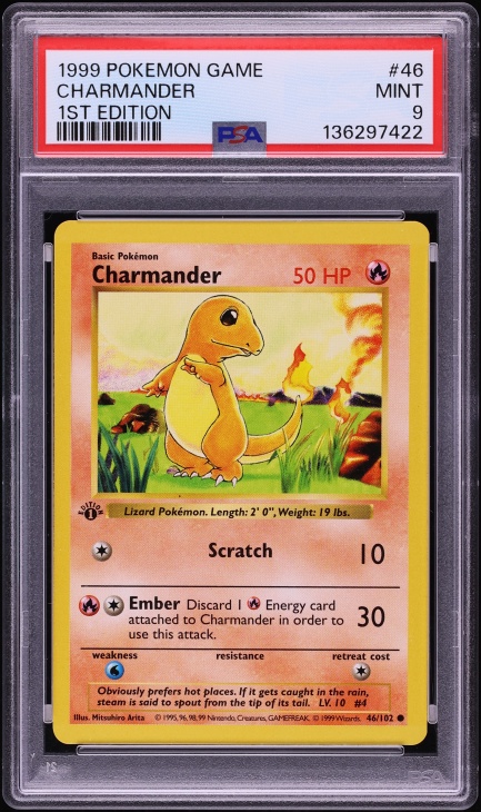 1999 Pokemon Base Set Shadowless 1st Edition Charmander #46 PSA 9 MINT