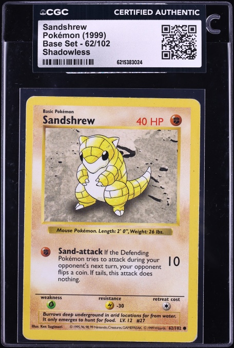1999 Pokemon Base Set Shadowless Sandshrew #62 CGC AUTH