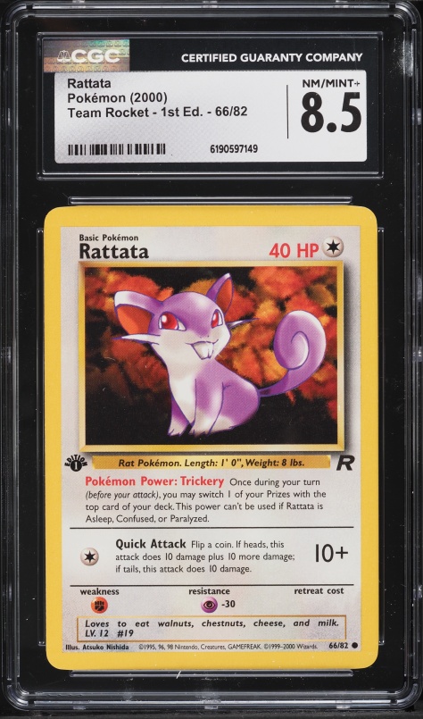 2000 Pokemon Team Rocket 1st Edition Rattata #66 CGC 8.5 NM-MT+
