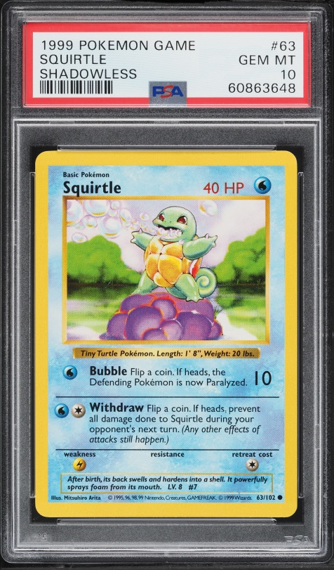 1999 Pokemon Base Set Shadowless Squirtle #63 PSA 10 GEM MINT