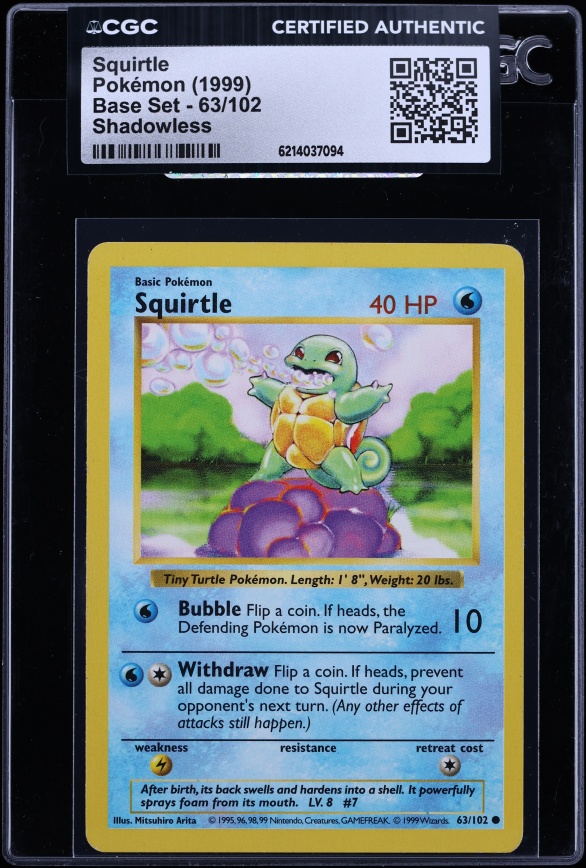 1999 Pokemon Base Set Shadowless Squirtle #63 CGC AUTH