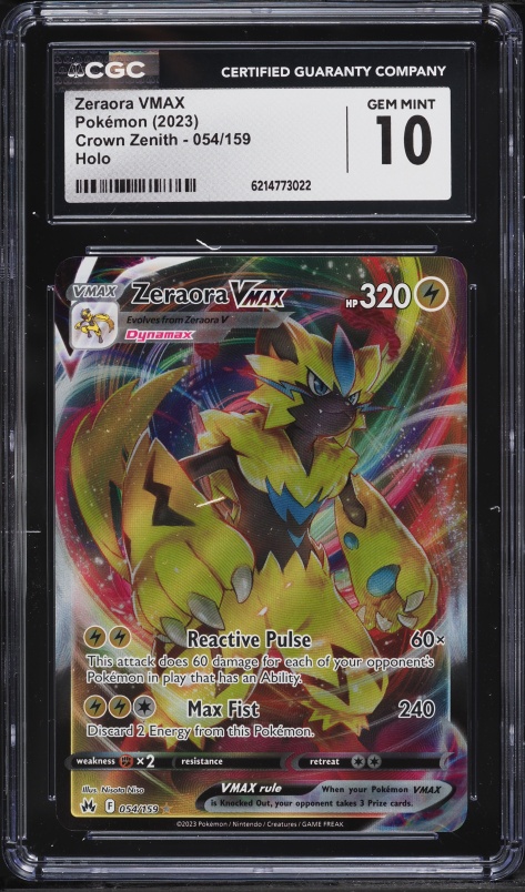 2023 Pokemon Sword & Shield Crown Zenith Alt Art Zeraora VMAX #54 CGC 10 GEM MINT