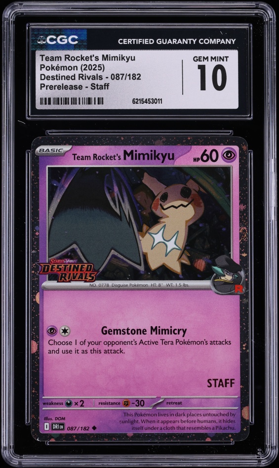 2025 Pokemon SV Destined Rivals Prerelease Staff Team Rocket's Mimikyu #87 CGC 10 GEM MINT