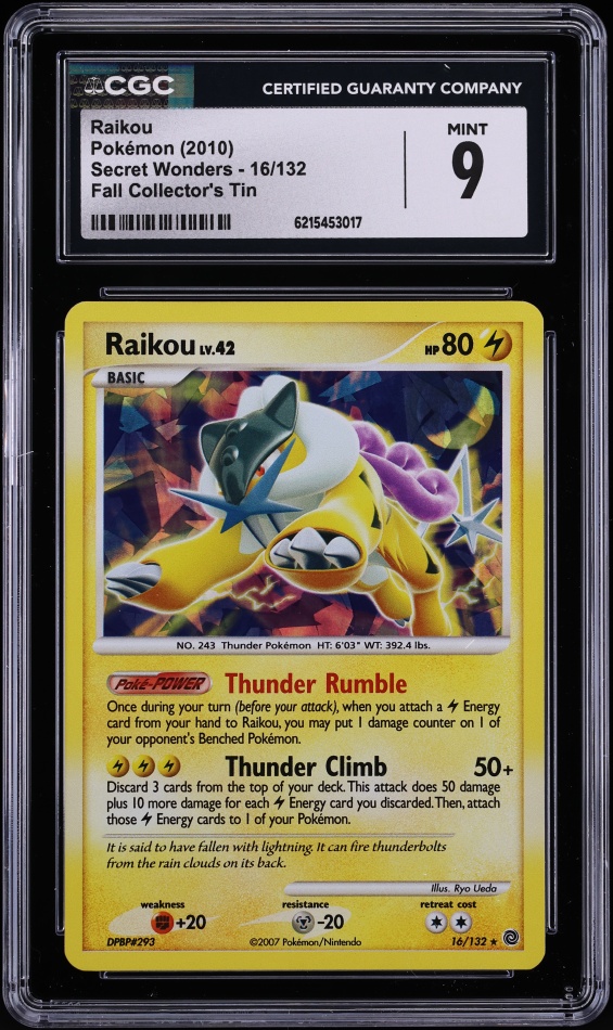 2010 Pokemon Diamond & Pearl Secret Wonders Fall Collector's Tin Raikou #16 CGC 9 MINT