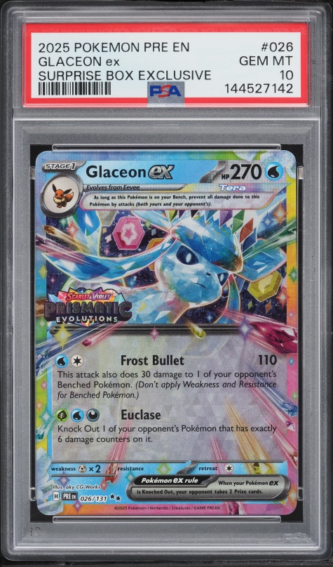 2025 Pokemon SV Prismatic Evolutions Surprise Box Holo Glaceon ex #26 PSA 10 GEM MINT