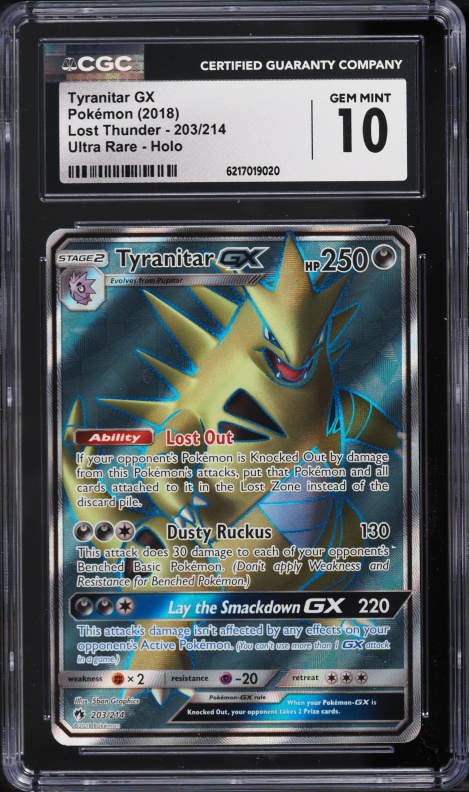 2018 Pokemon Sun & Moon Lost Thunder Full Art Tyranitar GX #203 CGC 10 GEM MINT