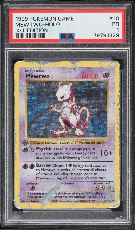 1999 Pokemon Base Set Shadowless 1st Edition Holo Mewtwo #10 PSA 1 PR