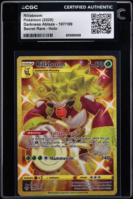 2020 Pokemon Sword & Shield Darkness Ablaze Gold Rare Rillaboom #197 CGC AUTH