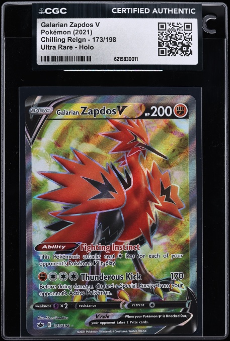 2021 Pokemon Sword & Shield Chilling Reign Full Art Galarian Zapdos V #173 CGC AUTH