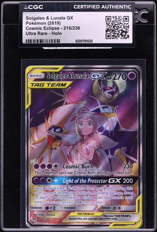2019 Pokemon Sun & Moon Cosmic Eclipse Full Art Solgaleo & Lunala GX #216 CGC AUTH